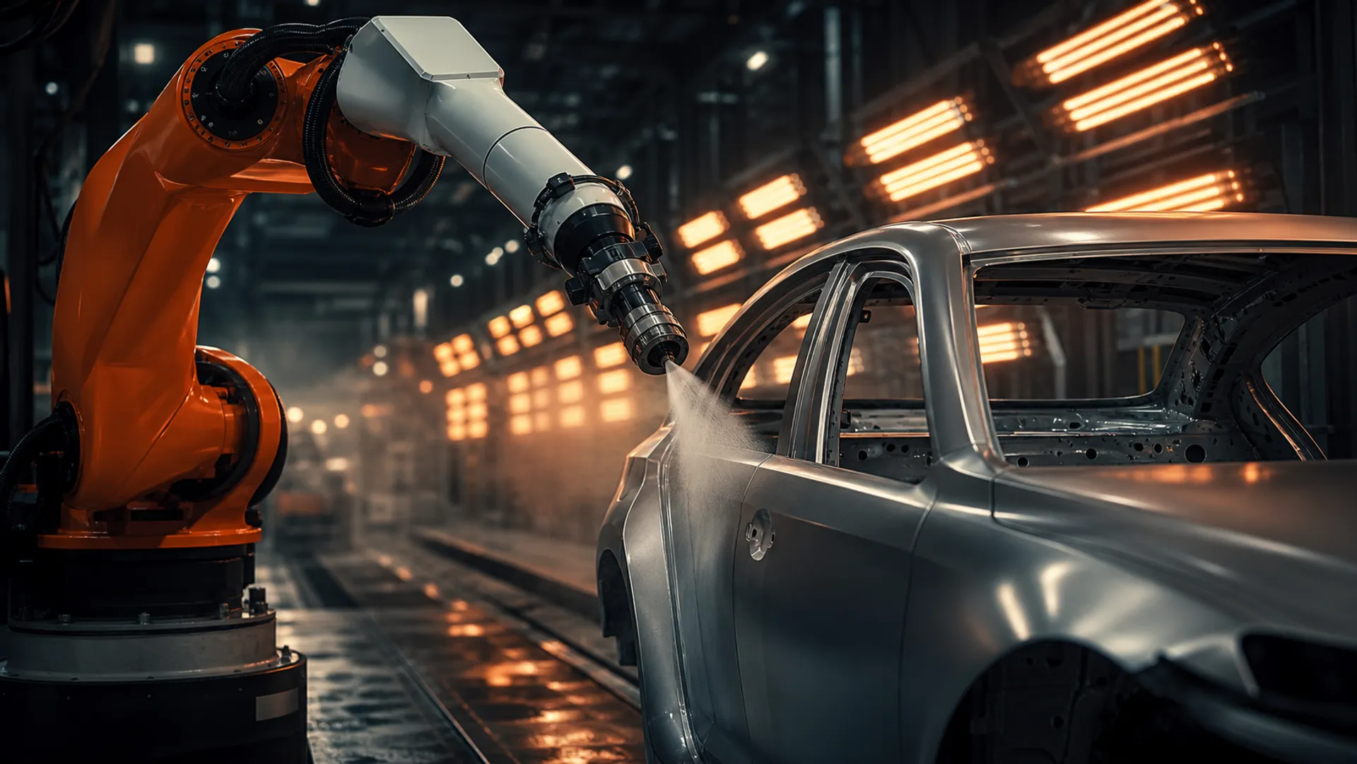 Automotive paint line with coating robot and IR dryers